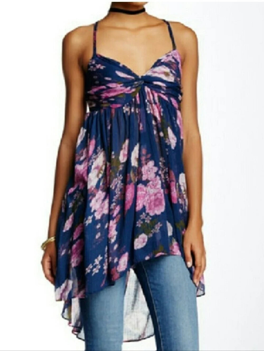 Free People Mirage Flowy Tube Top Tunic Blue Floral
